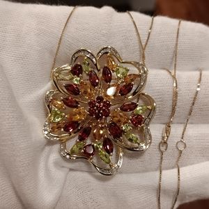 10k Gold Necklace Peridot Citrine Garnet Diamonds pin & 17"+2" Chain